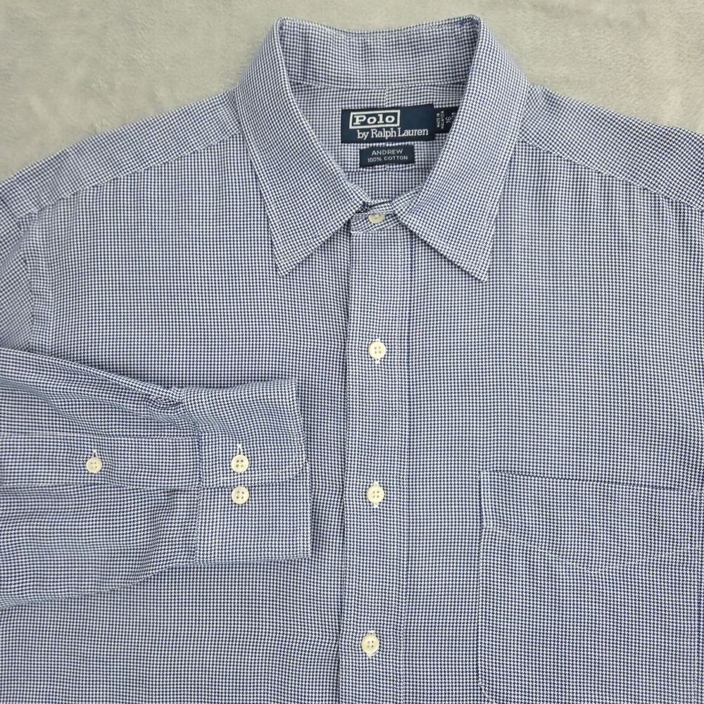 Polo Ralph Lauren Andrew Dress Shirt Mens 16 34/35 Blue Houndstooth Vintage
